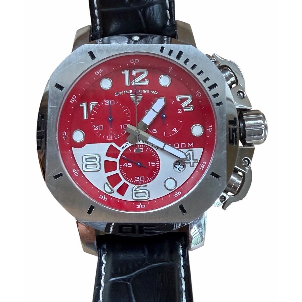 Swiss Legend Scubador Chronograph Men's Watch Vibrant Red Dial leather band